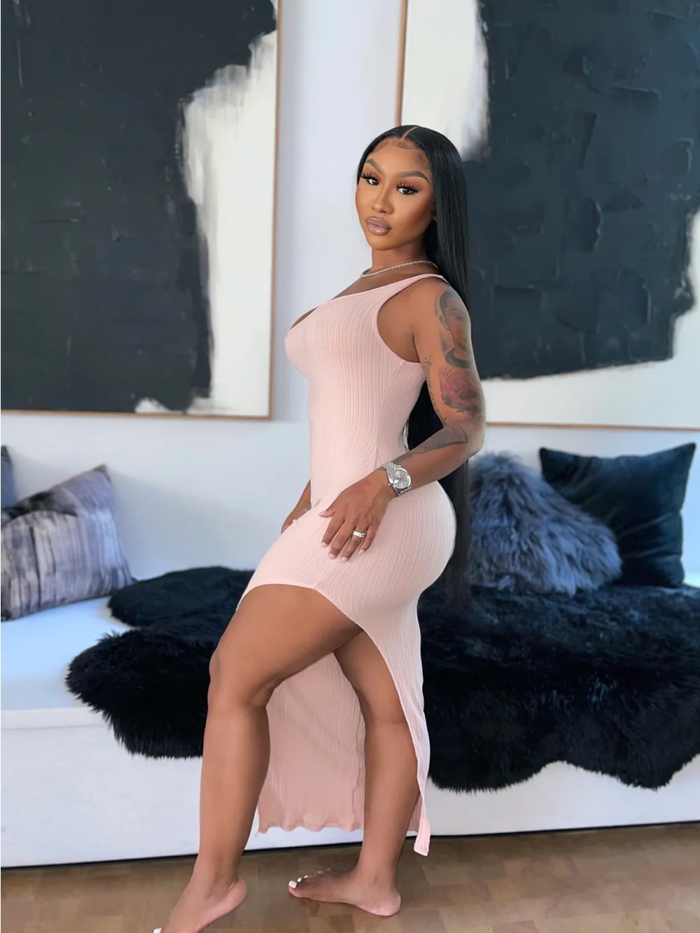 Sleeveless High-Low Ribbed Dress in Tan